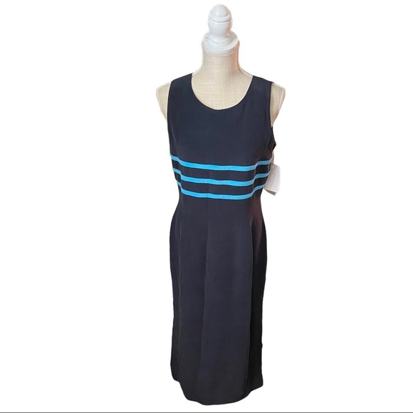 Design by Pat Argenti Navy Blue & Periwinkle Stripes 100% Silk Maxi Dress 10 NWT - Picture 1 of 11